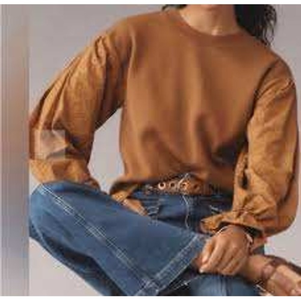 Anthropologie Mixed Media Balloon Sleeve Sweater Women Top Brown Floral size  XS